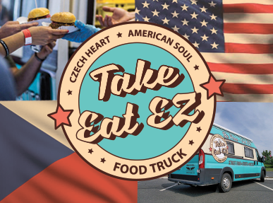Take Eat EZ Foodtruck - logotyp v hravém vintage stylu